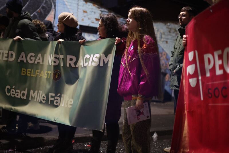 Members of the community and representatives gathered together in response to the racist graffiti. Picture by Mal McCann