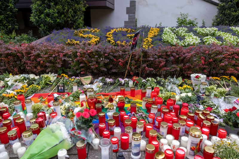 Flowers and candles placed near the scene of Friday’s deadly attack in Solingen, Germany (Thomas Banneyer/dpa/AP)