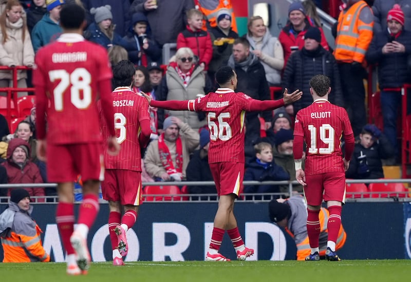 Trent Alexander-Arnold, centre, celebrates scoring in Liverpool’s win over Accrington