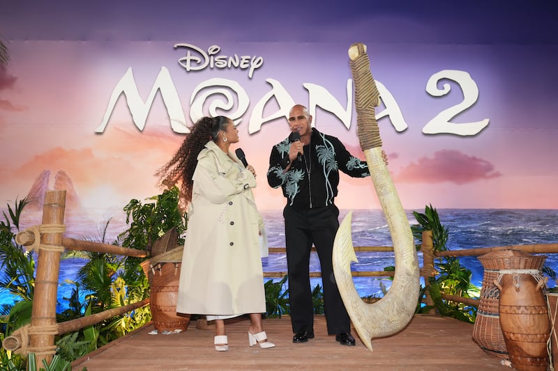 Dwayne Johnson being interviewed at the UK premiere of Moana 2