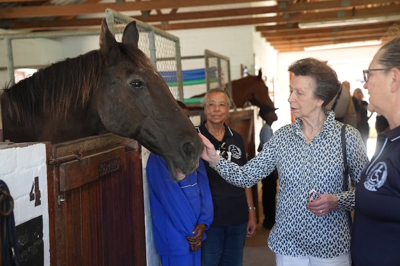 The Princess Royal in the stables during a visit to the South African Riding School for Disabled Association