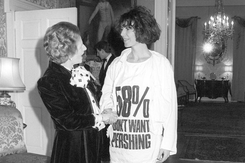 Prime Minister Margaret Thatcher with Katharine Hamnett