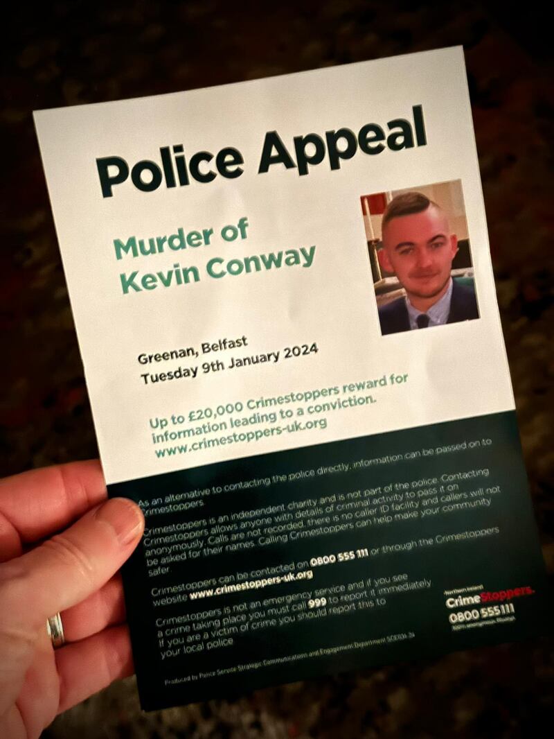 A flyer appealing for information on the murder of Kevin Conway. PICTURE: MAL MCCANN