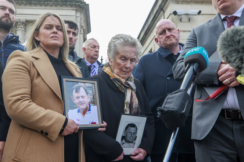 The family of Sean Brown including daughter Clare Loughran, widow Bridie Brown and son Sean Brown, outside the Royal Courts of Justice, Belfast, in March