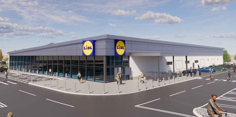 A digitally rendered impression showing how the new Lidl store at the Lakelands Retail Park would look.