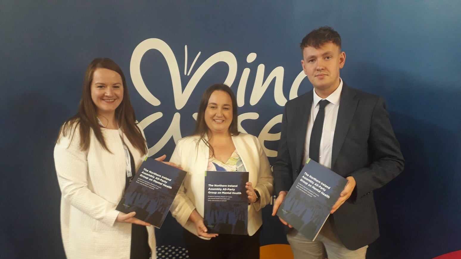 Fionnuala McKenna (MindWise) and Pádraig Delargy MLA with Louise Cassidy (centre), author of the Evidence Summary Report of Inquiry into Mental Health Education and Early Intervention in Schools, launched at Holy Child PS in Derry.