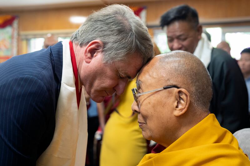 Republican representative Michael McCaul was greeted by the Dalai Lama in Dharamshala, India (Office of the Dalai Lama via AP)