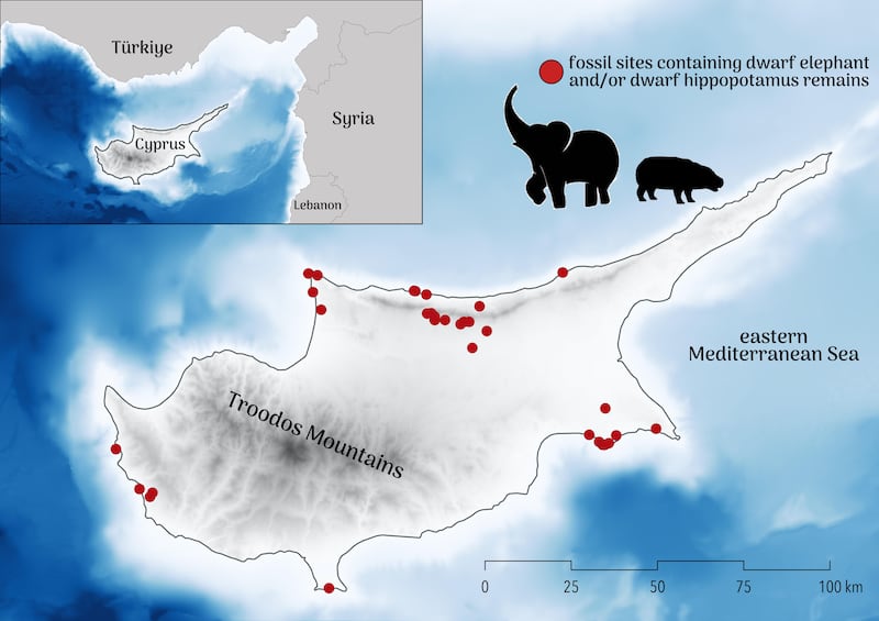 A map of Cyprus showing the approximate position of fossil sites where dwarf elephants and hippos have been retrieved (Corey Bradshaw/Flinders University)