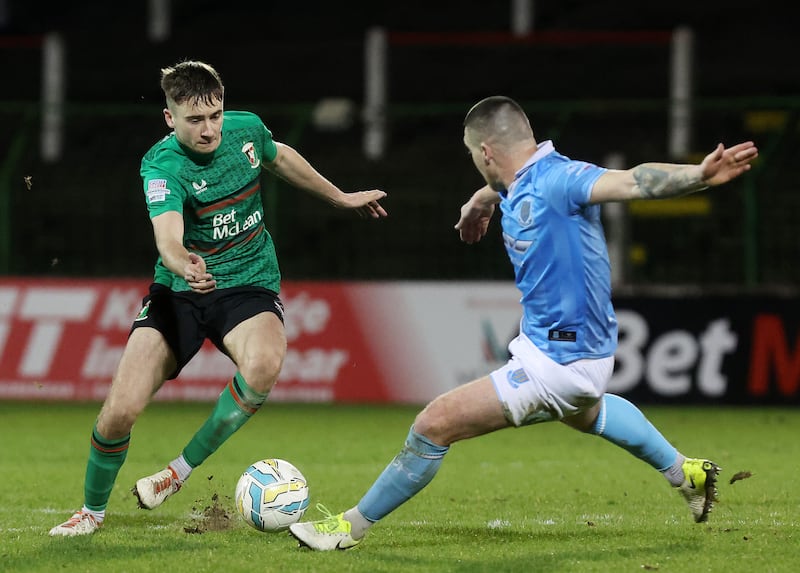 BetMcLean Cup Quarter-Final 7/1/2025
Glentoran vs Ballymena United 
Glentoran’s Jonathan Russell with Ballymena’s Josh Carson 
Mandatory Credit ©INPHO/Jonathan Porter