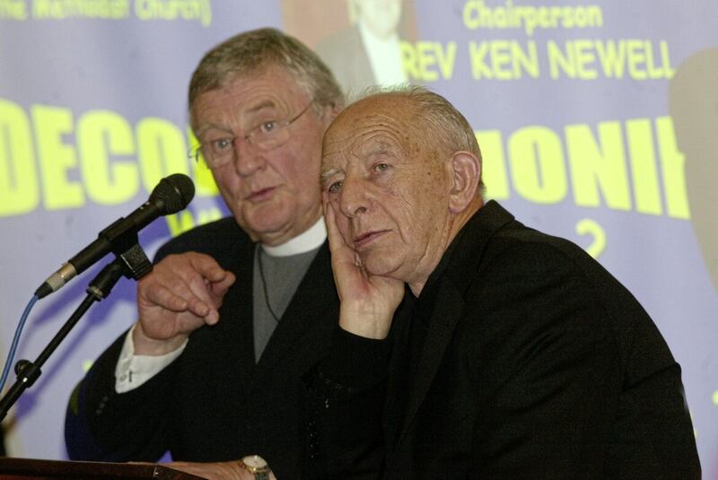 Father Alex Reid with Rev Harold Good during a debate at Fitzroy Presbyterian Church in Belfast 