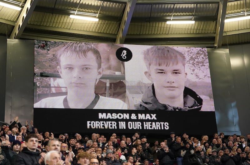 A tribute on the big screen for Mason Rist and Max Dixon during a Bristol City match at Ashton Gate