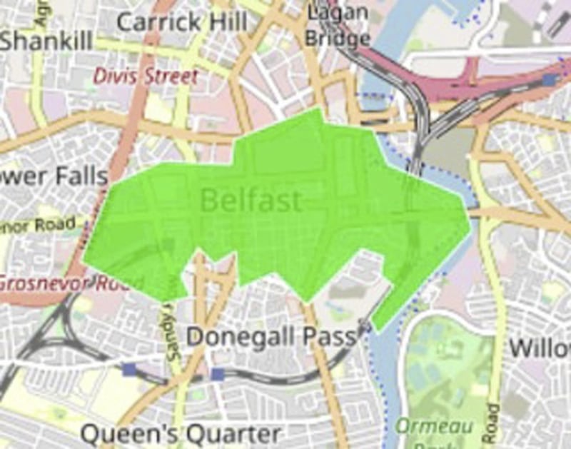 The area in Belfast city centre covered by the O2 Motion data 