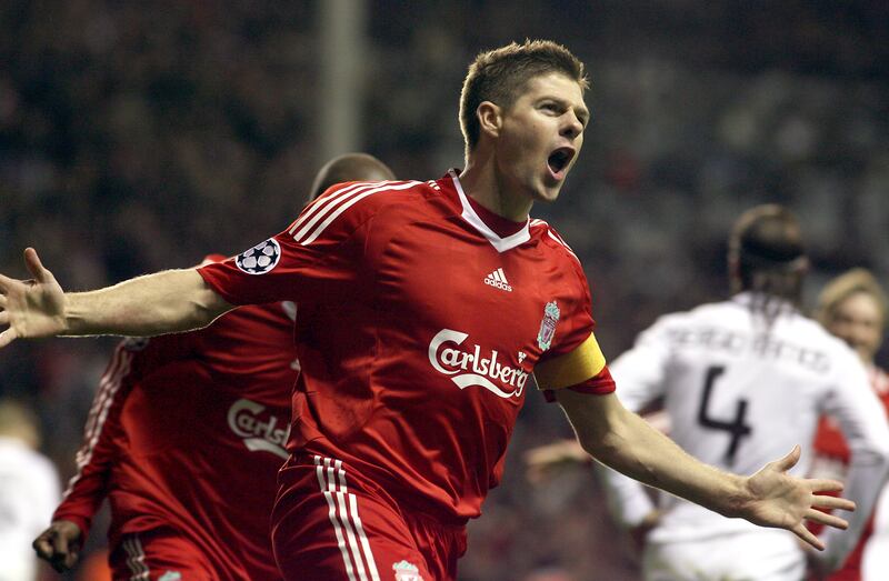 Steven Gerrard celebrates scoring against Real Madrid in 2009