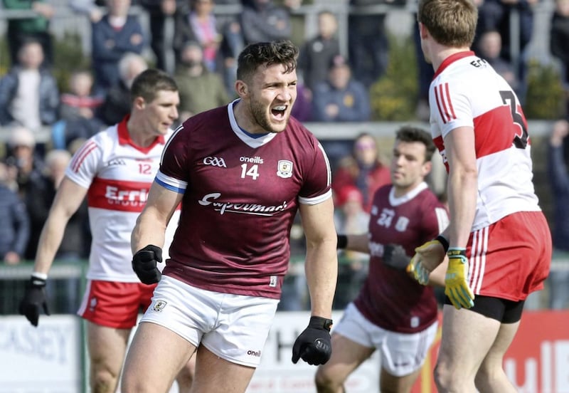 Damien Comer of Galway celebrates his goal against Derry during the National Football League match played at Owenbeg on Sunday 20th March 2022. Picture Margaret McLaughlin. 