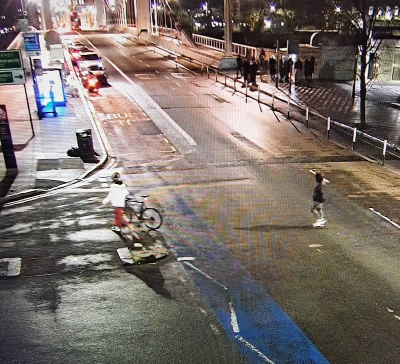 CCTV footage of Abdul Ezedi (bottom right wearing a black jacket), crossing over Chelsea Bridge and entering Battersea Park