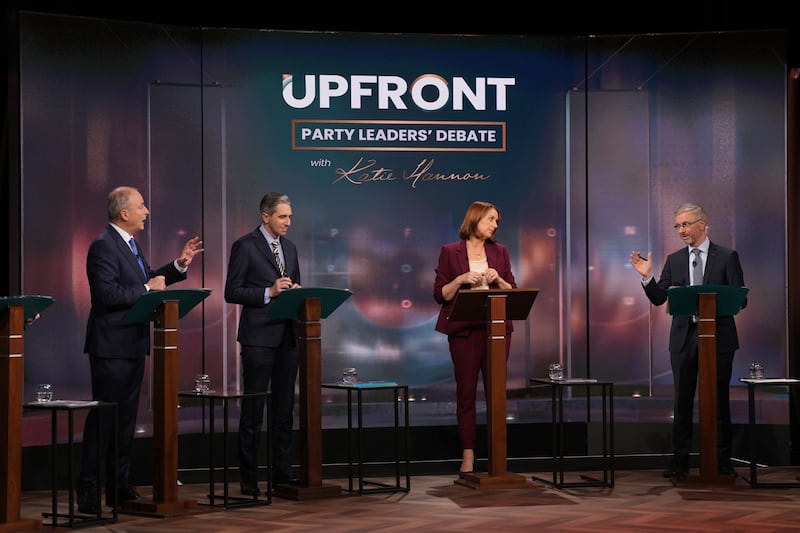 (left to right) Tanaiste and leader of Fianna Fail, Micheal Martin, Taoiseach and leader of Fine Gael, Simon Harris, RTE Presenter Katie Hannon and Roderic O’Gorman leader of the Green Party during the General Election leaders’ debate at RTE studios in Montrose, Dublin. RTE’s Upfront with Katie Hannon is hosting Ireland’s largest ever leaders’ General Election debate, with 10 political party leaders invited to debate live in the studio. Picture date: Monday November 18, 2024.