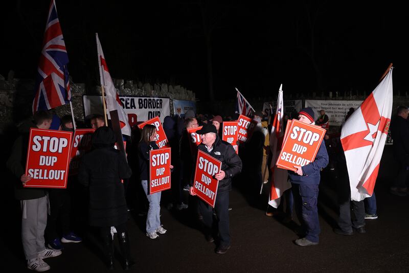 Loyalist protesters taking part in a lawful demonstration outside a DUP party executive meeting on Monday
