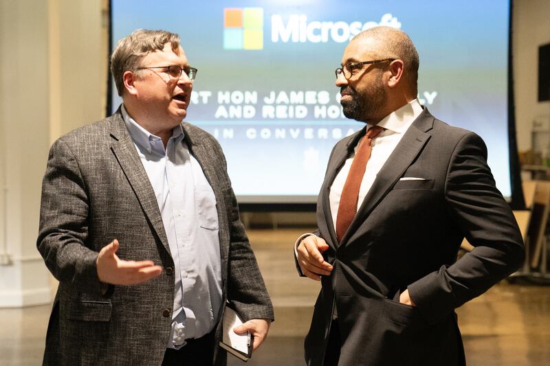 Home Secretary James Cleverly (right) holds a Q&A with American internet entrepreneur, venture capitalist, podcaster, author and LinkedIn co-founder, Reid Hoffman at Microsoft offices in San Francisco