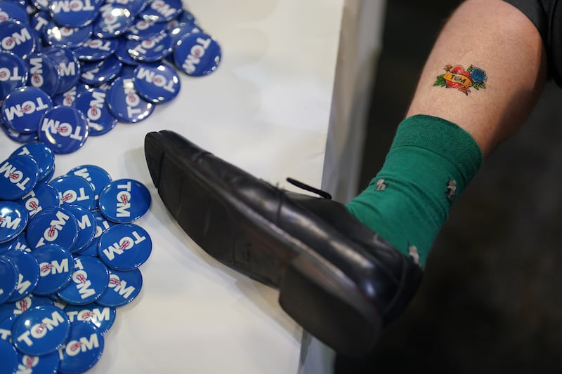 Tom Tugendhat’s campaign merchandise includes Tugend-tan fake tan, the Daily Tugendchat newsletter and Tugent-tat temporary tattoos (pictured)