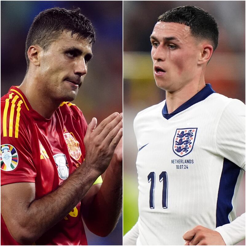 Spain’s Rodri and Phil Foden of England.