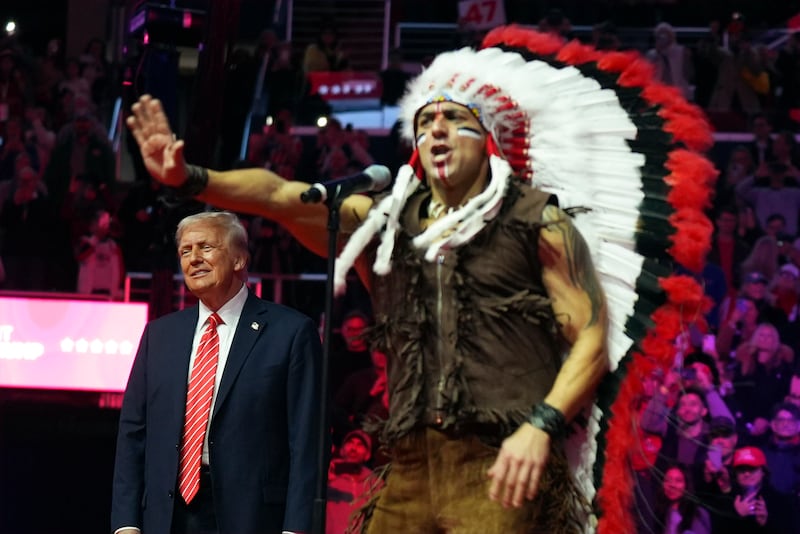 Donald Trump will be sworn in on Monday after a colourful rally on Sunday, featuring the Village People (AP)