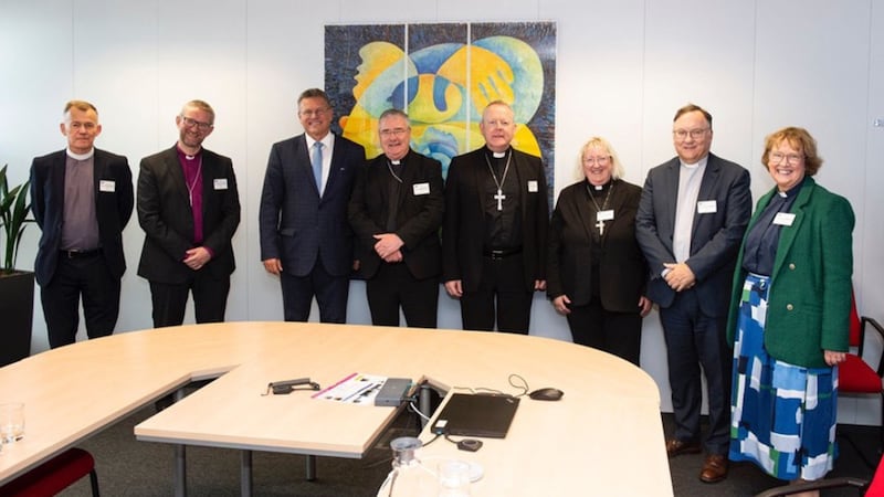 Irish Church leaders visited Brussels in September, meeting commissioner Maros Sefcovic, pictured third from left. The delegation included, from left, Dr Richard Murray (Presbyterian Moderator), Dr John Alderdice (Methodist President); Archbishops John McDowell and Eamon Martin (Church of Ireland and Catholic Primates), Bishop Sarah Groves (Irish Council of Churches president), Rev Trevor Gribben and Dr Heather Morris (joint secretaries)