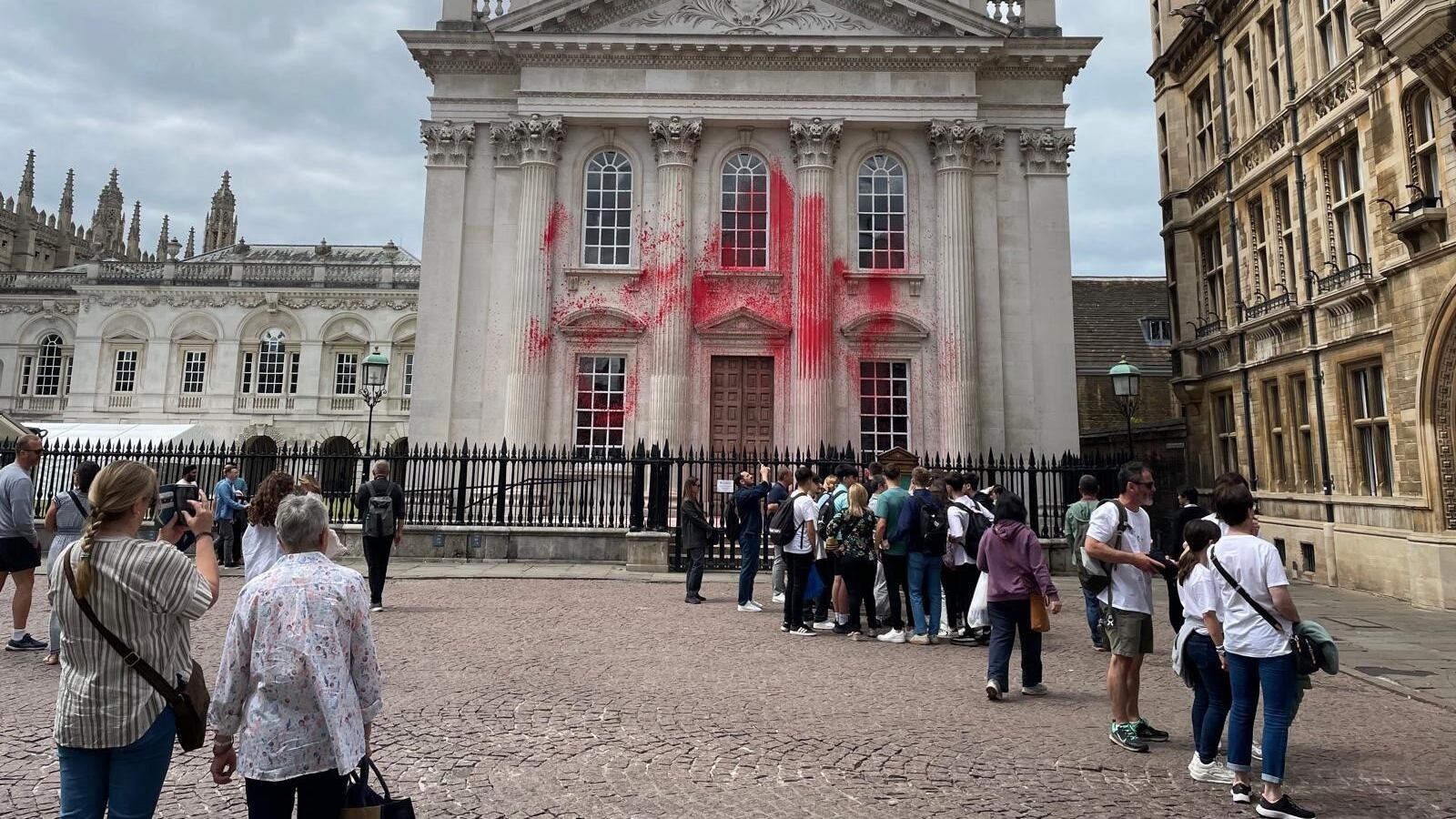 Senate House in Cambridge after pro-Palestinian protesters sprayed red paint on the historic building at the University of Cambridge