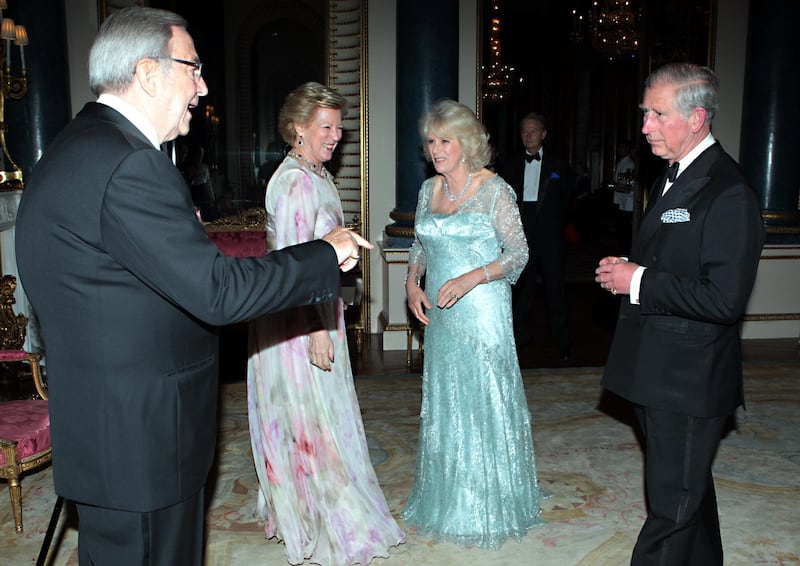Charles and Camilla greet King Constantine and Queen Anne-Marie at Buckingham Palace in 2012