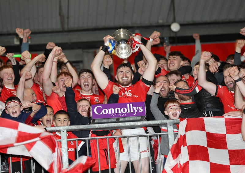 Trillick captain Rory Brennan leads the celebrations after Sunday's Tyrone final victory over Errigal Ciaran