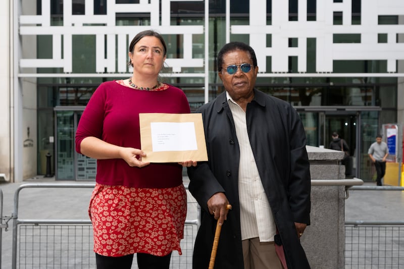 Monday September 9th, 2024.Eleanor Fairbraida, of Police Spies Out of Lives (PSOOL) and family justice campaigner, John Burke-Monerville, outside the Home Office in London, ahead of delivering a letter to the new Home Secretary, Yvette Cooper, asking her to lift the arbitrary December 2026 end date and the financial constraints on the Undercover Policing Inquiry imposed by the previous government.Photo: David Mirzoeff/PSOOL