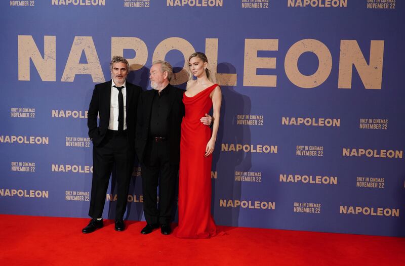 Joaquin Phoenix, Ridley Scott and Vanessa Kirby attend the UK premiere of Napoleon