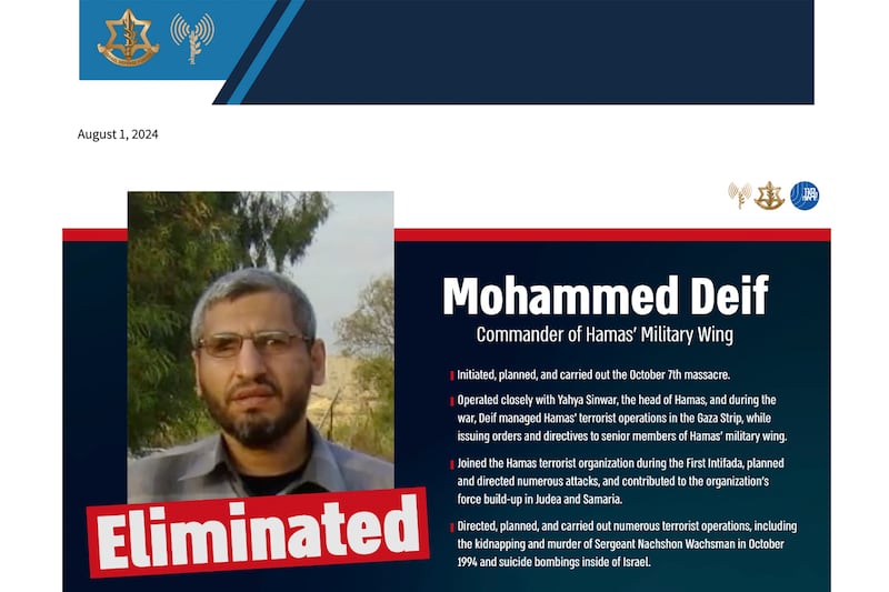 A graphic released by Israel Defence Forces announcing the death of Mohammed Deif (Israel Defence Forces via AP)