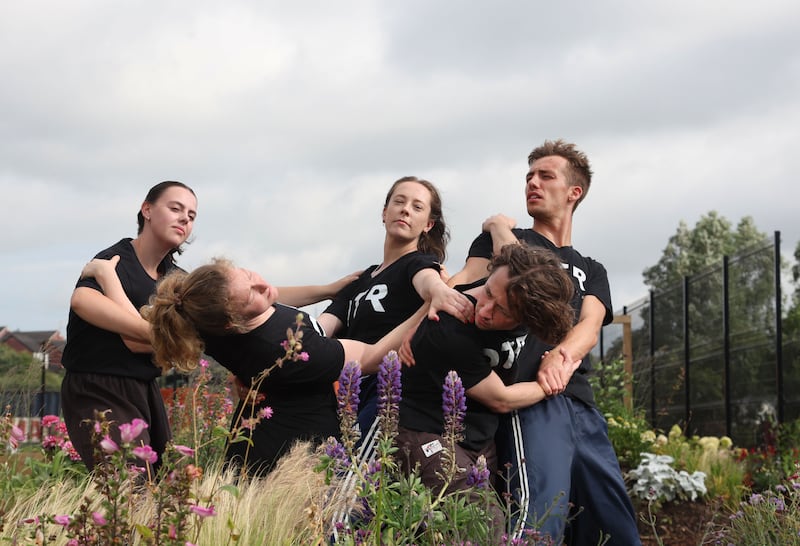 Dancers Sarah Flavelle, Rosie Mullin, Clara Kerr, Harry Wilson and Ed Mitchell from Off The Rails Dance Company.
PICTURE COLM LENAGHAN