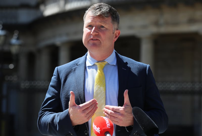 Senator Malcolm Byrne speaking to the media at Leinster House, Dublin. 2021.