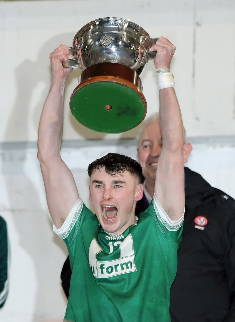 Newbridge captain Conor McAteer lifts the cup after beating Glen in the Derry SFC final at Celtic Park on Sunday 27th October 2024