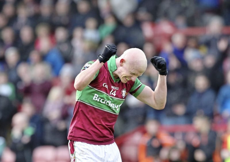 Eoghan Rua captain Colm McGoldrick celebrates on the final whistle after beating Lavey during the Derry Senior Football Championship Final at Celtic Park. Picture by Margaret McLaughlin 