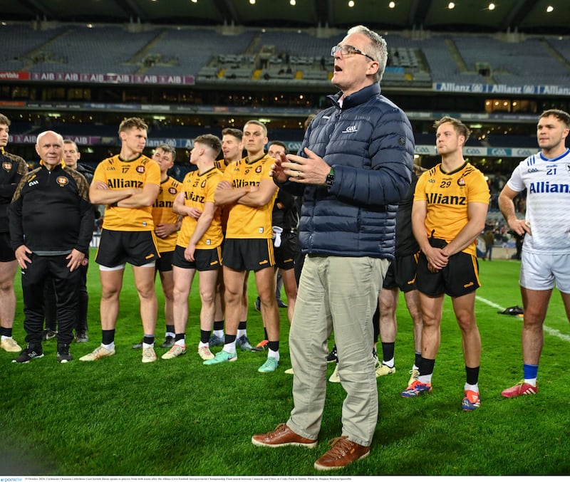 Uachtarán Chumann Lúthchleas Gael Jarlath Burns speaks to Ulster and Connacht players after the Allianz GAA Football Interprovincial Championship Final at Croke Park.