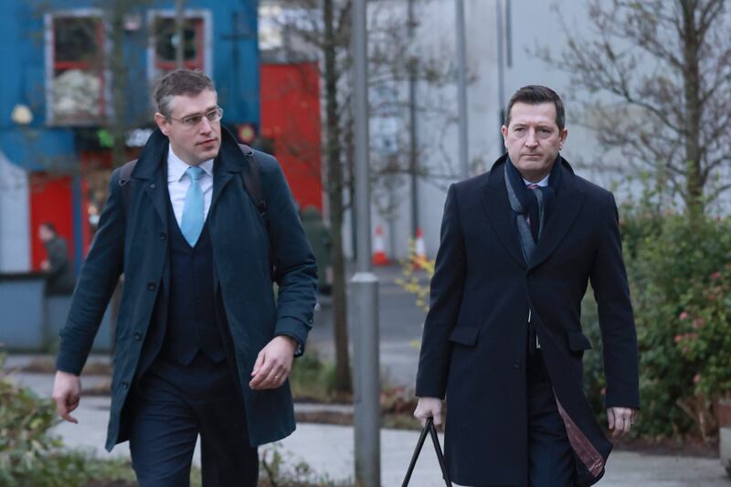 Paul Greaney KC (right) and Nicholas de la Poer KC (left) appeared at the Strule Arts Centre in Omagh, Co Tyrone, for the first substantive hearing in the Omagh Bombing Inquiry