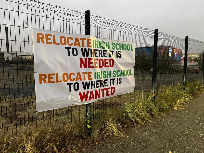 The banner which appeared at the site of the planned Irish language primary school at Montgomery Road in east Belfast. PICTURE: MOORE HOLMES/FACEBOOK