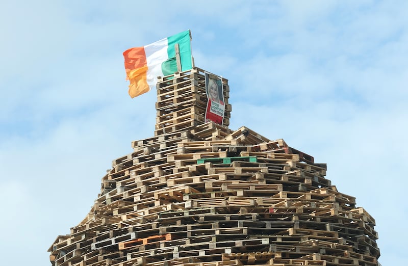 Michelle O’Neill poster on the Highfield estate Bonfire in Belfast.
