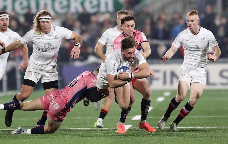 Ulster Rugby Ben Carson   and Exeter Chiefs Will Haydon-Wood   during FridayÕs nightÕs Investec Champions Cup match  at Kingspan Stadium.
Picture by Brian Little