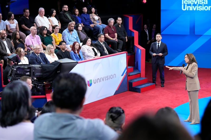 Kamala Harris speaks during an hosted by Univision in Las Vegas (Jacquelyn Martin/AP)