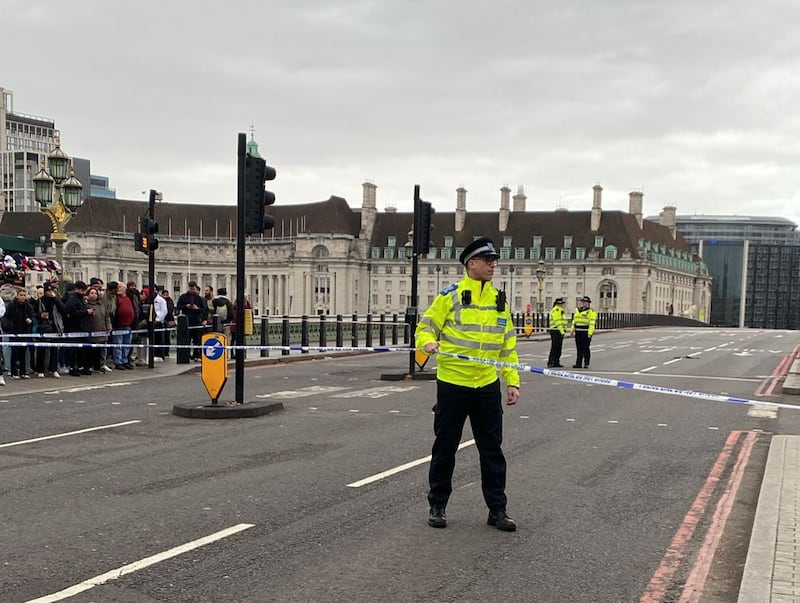 The scene on Westminster Bridge following an incident which has left a man fighting for his life in hospital