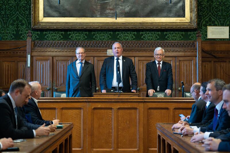 Bob Blackman, chairman of the 1922 Committee, (centre) announces the results