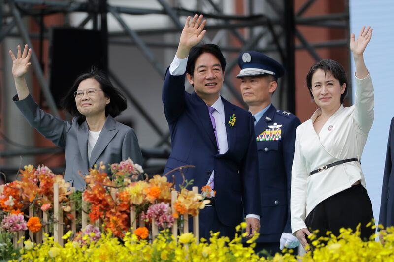 Taiwan’s former president Tsai Ing-wen, left, vice president Hsiao Bi-khim, right, were also in attendance at the inauguration ceremony for the country’s new president Lai Ching-te, centre, earlier this week (Chiang Ying-ying/AP)