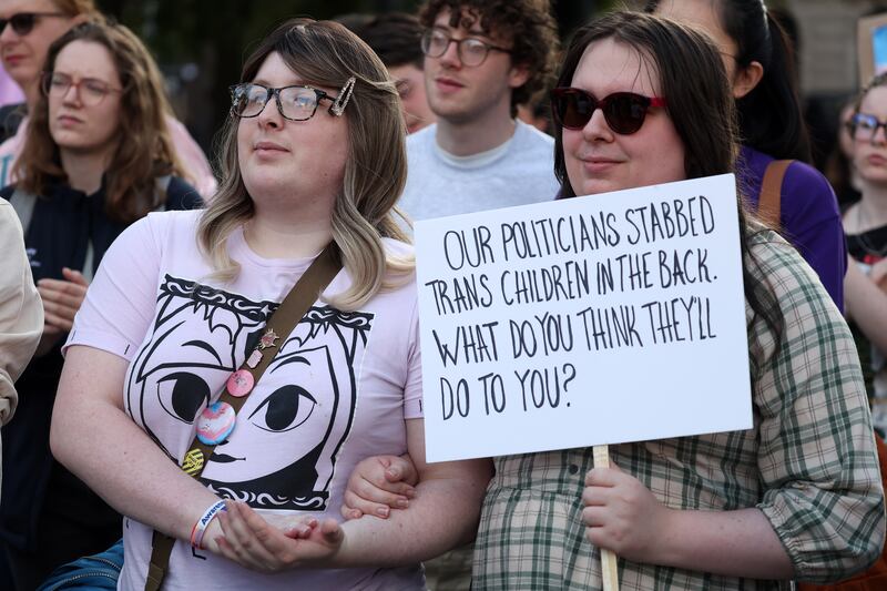 Rally at Belfast City Hall against the ban on puberty blockers . PICTURE: MAL MCCANN