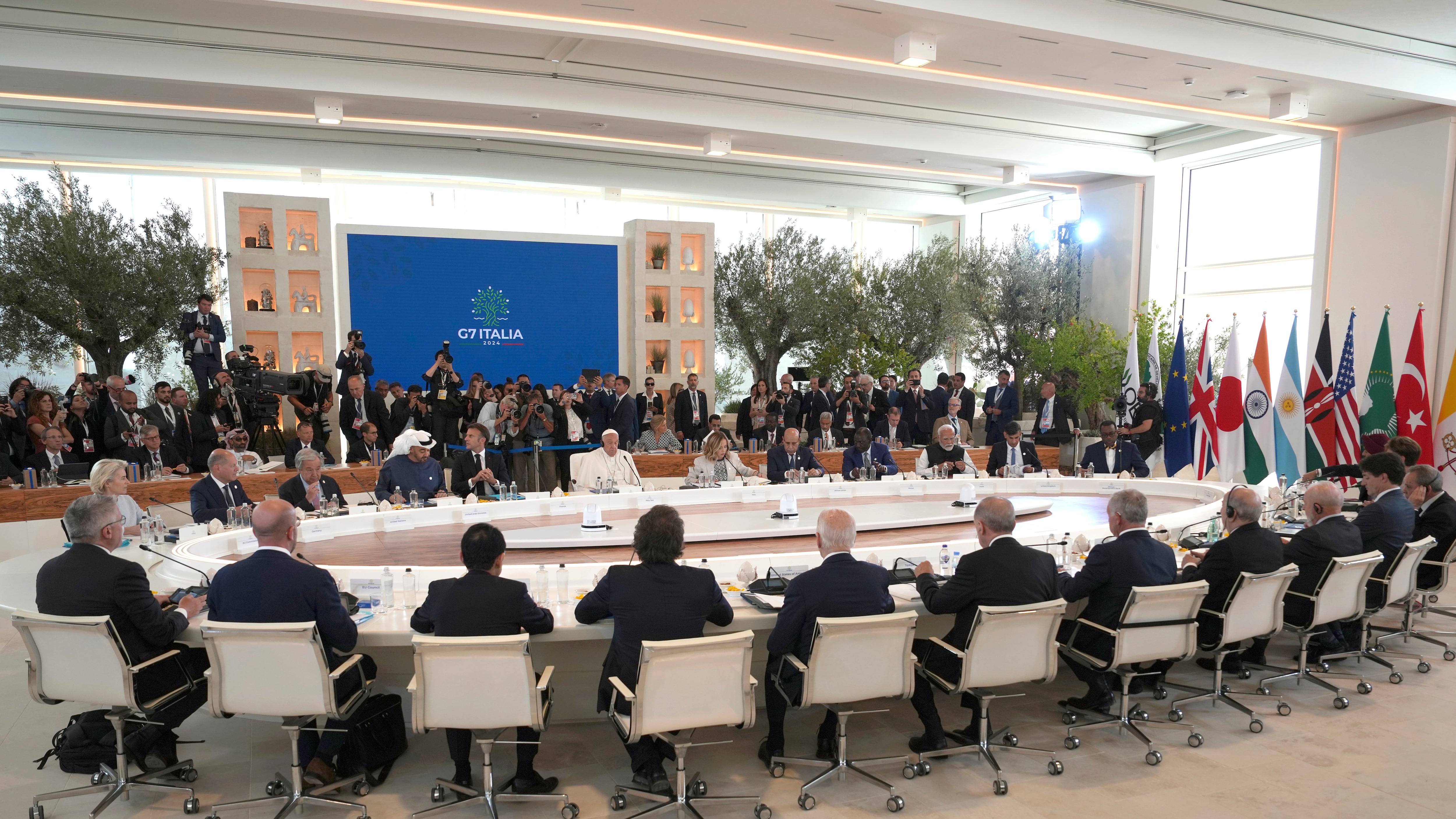 G7 world leaders and other leaders from guest nations attend a working session on artificial intelligence, on day two of the 50th G7 summit at Borgo Egnazia, southern Italy (Christopher Furlong/Pool Photo via AP)