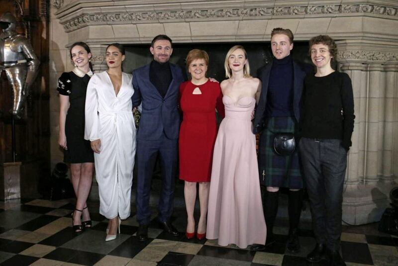 Eileen O&#39;Higgins, far left, meets Scottish First Minister Nicola Sturgeon with fellow Mary Queen of Scots cast members at a reception in Edinburgh last week 