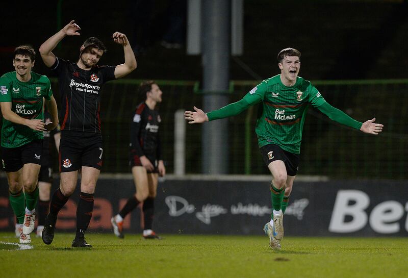 Pacemaker Press 14-01-2025:  Glentoran v Crusaders Leage Cup Semi Final.
Glentorans Jordan Jenkins pictured after scoring his teams 2nd goal during Tuesday nights match at the oval in Belfast.
Picture By: Arthur Allison/Pacemaker Press.