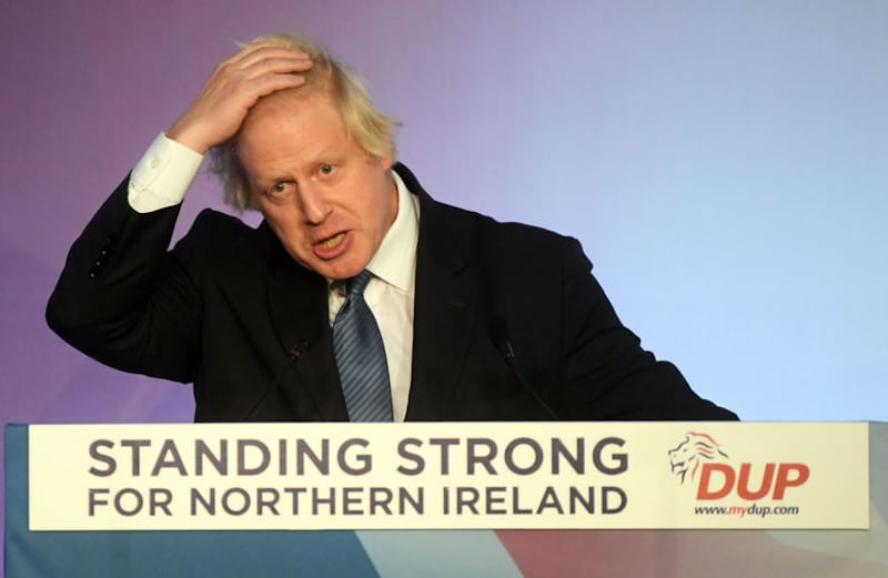 British Prime Minister Boris Johnson addressing the DUP Party conference in Belfast in 2018 where he told delegates that there would only be a border in the Irish Sea over his dead body&nbsp;